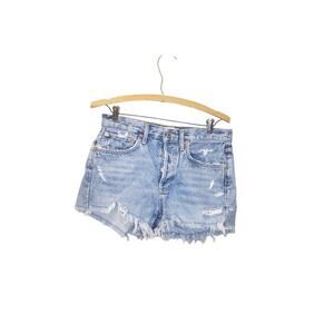 Agolde Distressed Raw Frayed Cut Off Button Fly Light Wash Denim Shorts Size 26
